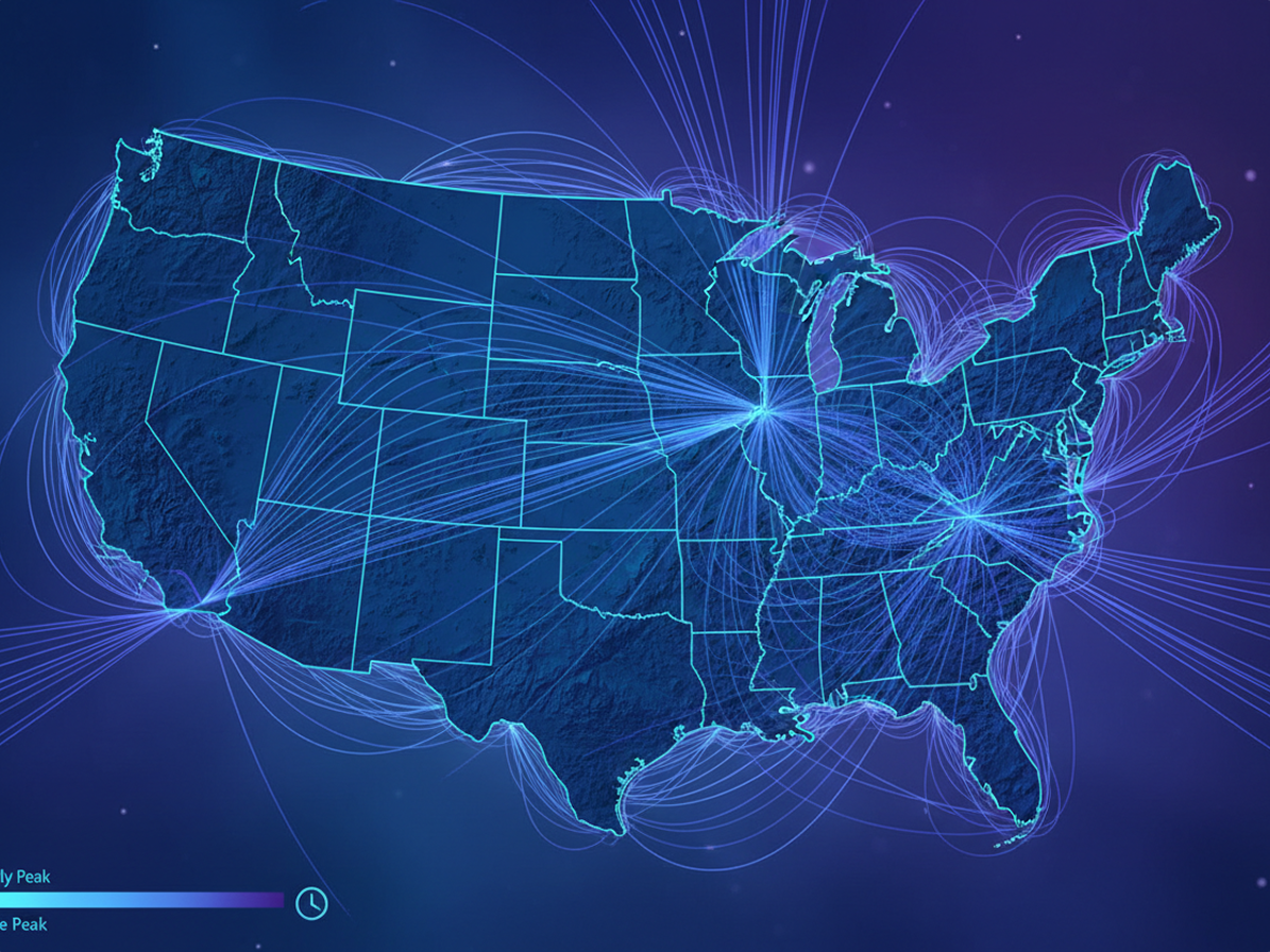 A glowing map of the United States with traffic arcs radiating from three hub cities, keyed from early peak to late peak