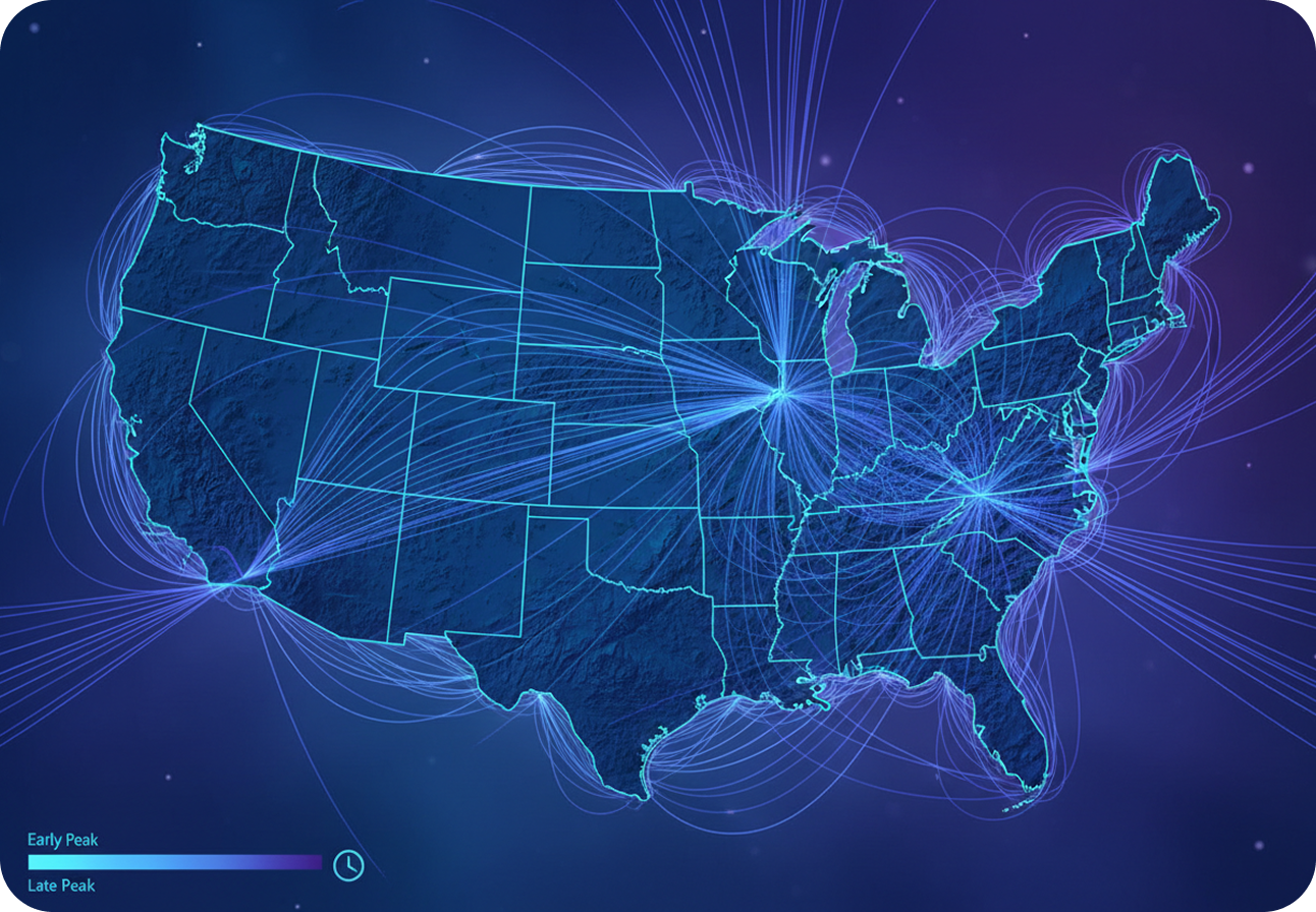 A glowing map of the United States with traffic arcs radiating from three hub cities, keyed from early peak to late peak
