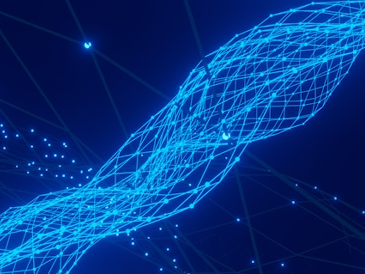 A glowing blue wireframe mesh of connected nodes twisting through dark space
