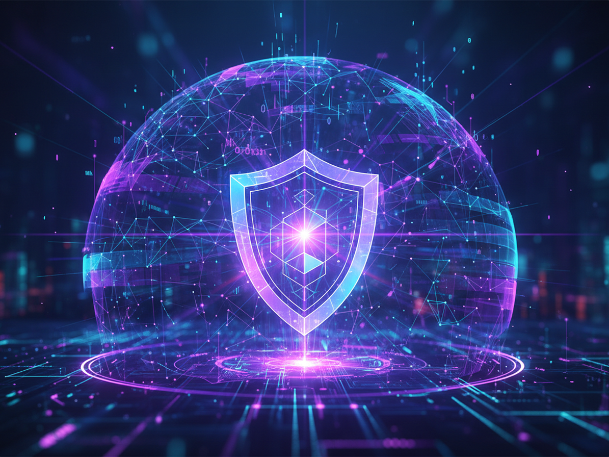 A glowing shield at the centre of a wireframe globe, surrounded by neon data streams