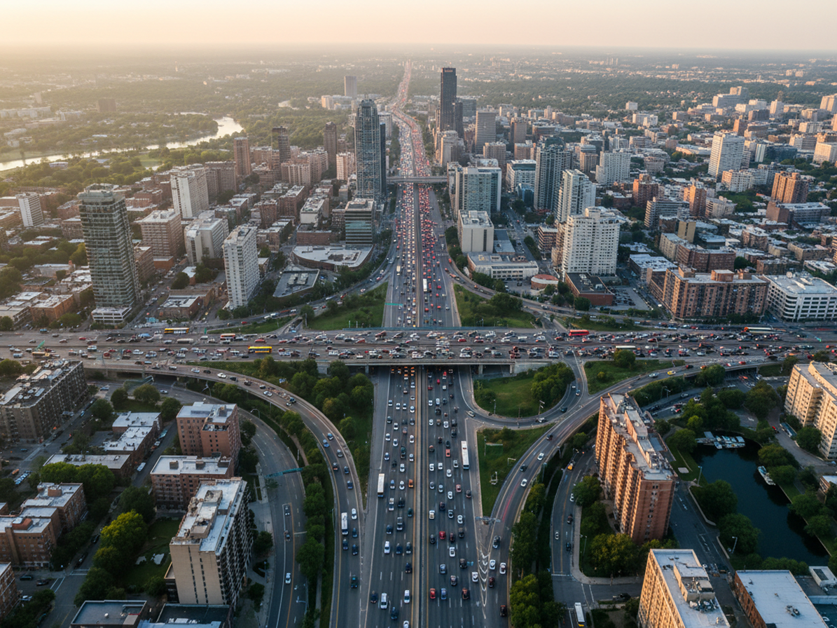 Aerial view of a multi-lane highway interchange packed with cars, running into a city at dusk